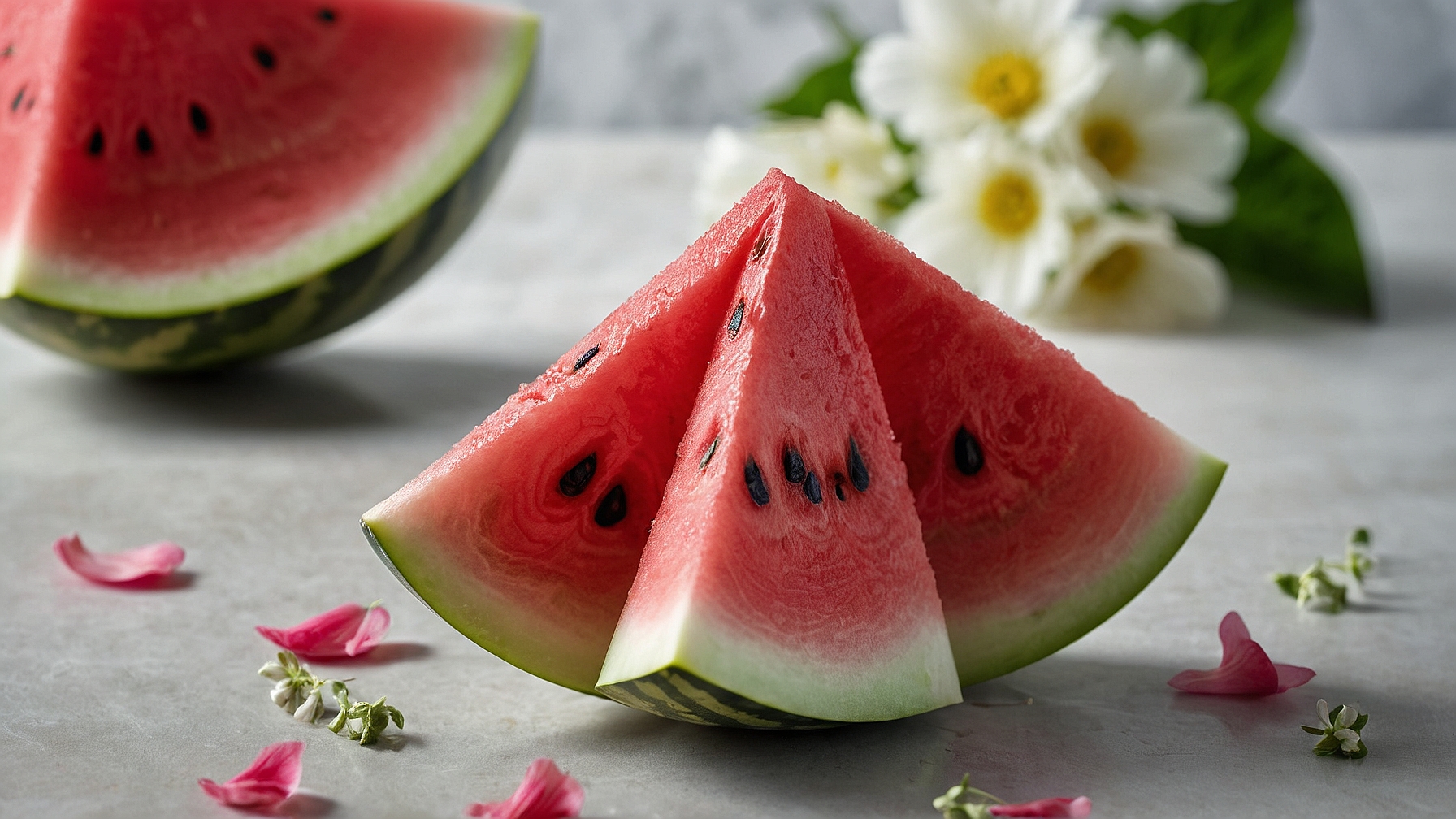 Close-up shot of watermelon slices on a gray marble table, with flowers in the background. High-resolution, photorealistic photography.