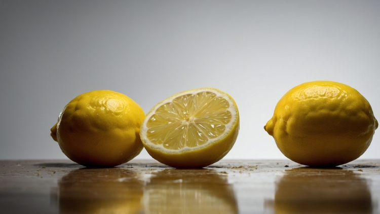 Photograph of three lemons, one cut in half, placed on a table with soft lighting against a white background.