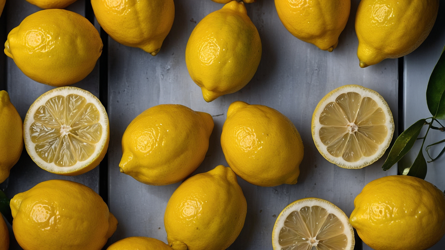 Close-up photograph of vibrant yellow lemons and slices arranged on a cool gray background, highlighting their texture and detail.