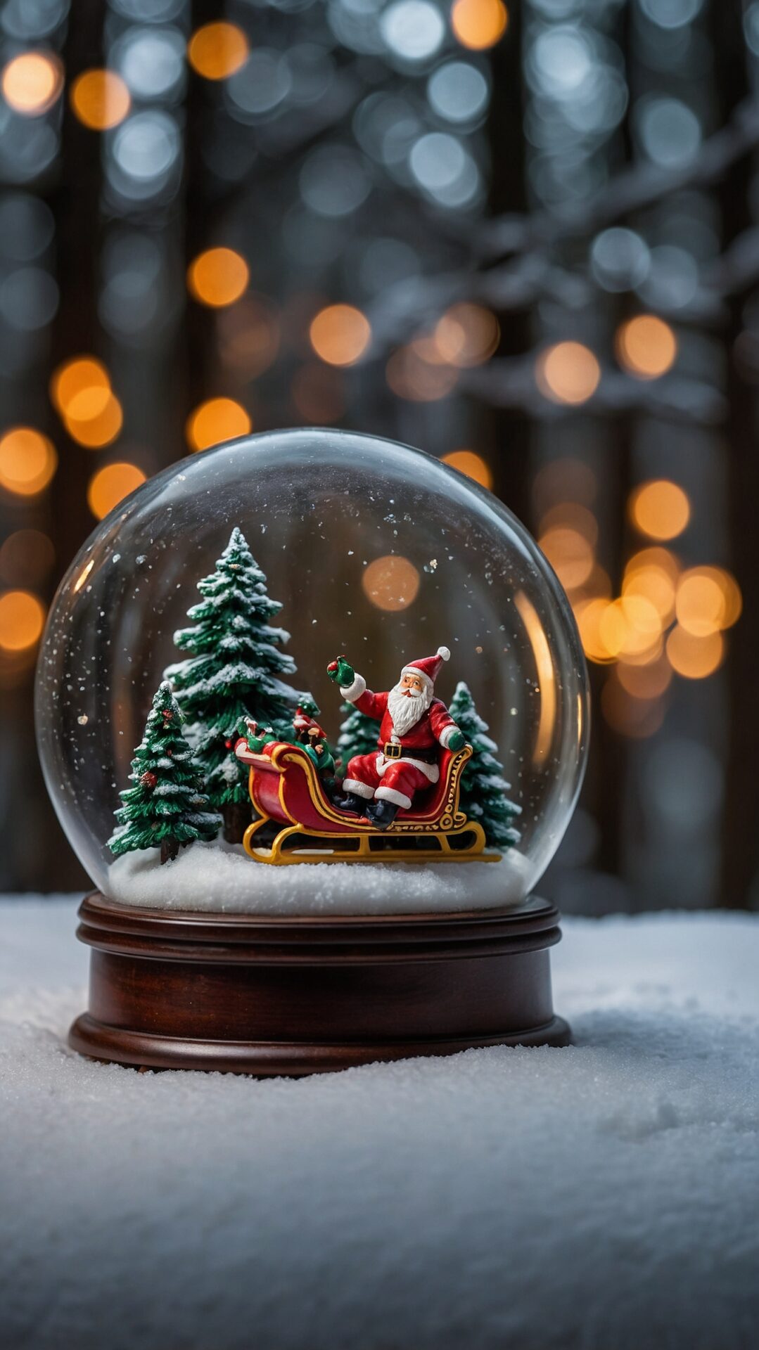 A detailed snow globe with Santa on his sleigh, Christmas trees, and bokeh lights, captured in close-up macro photography.