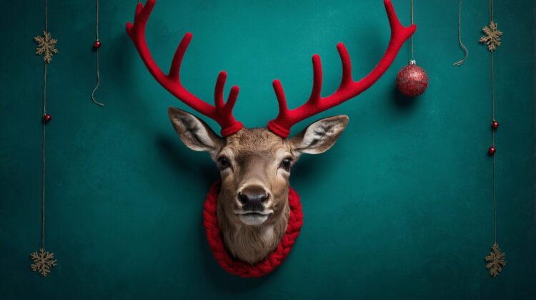 A stunning deer head with red antlers hanging on a wall, set against a dark green background for a festive Christmas vibe.