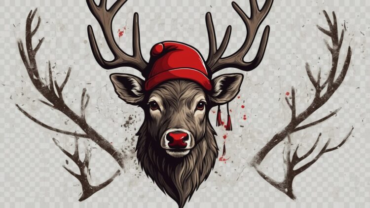 Stag with antlers and a red hat, vector illustration on a transparent background, hand-drawn in a cartoon style.