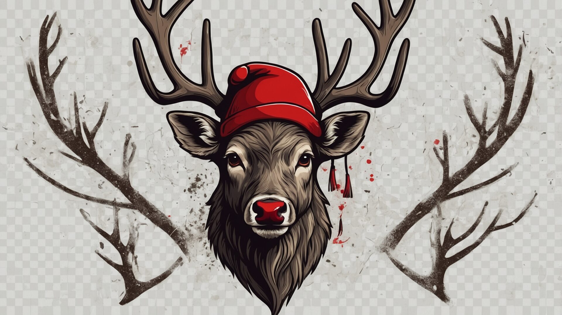 Stag with antlers and a red hat, vector illustration on a transparent background, hand-drawn in a cartoon style.