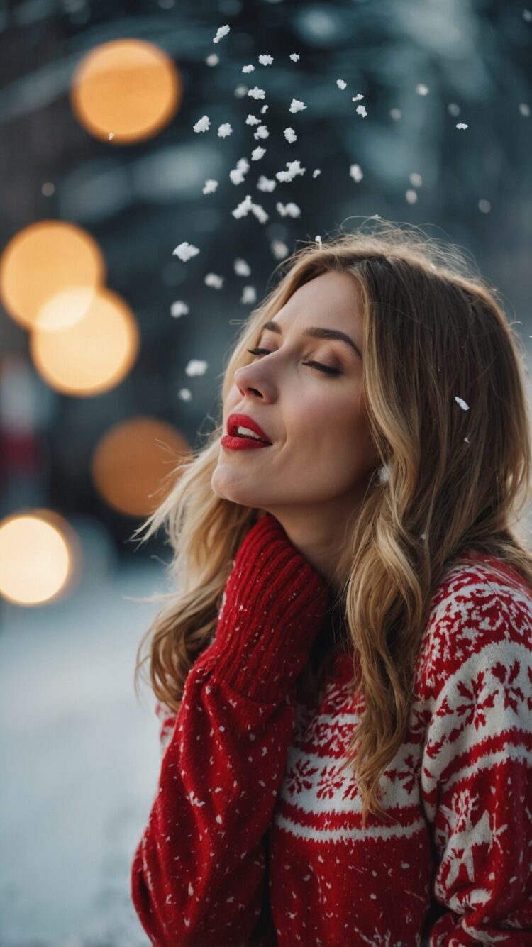 A beautiful woman in a red and white Christmas sweater, smiling as snow falls, with a bokeh and blurred background, perfect for wallpaper.