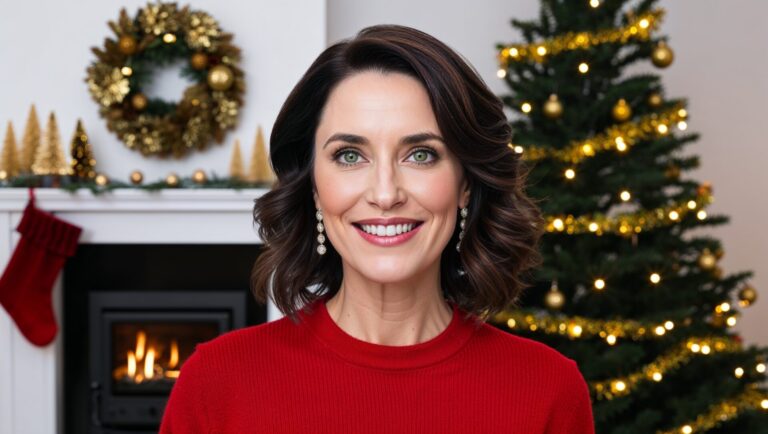 Smiling Woman in Red Sweater by Christmas Tree and Fireplace