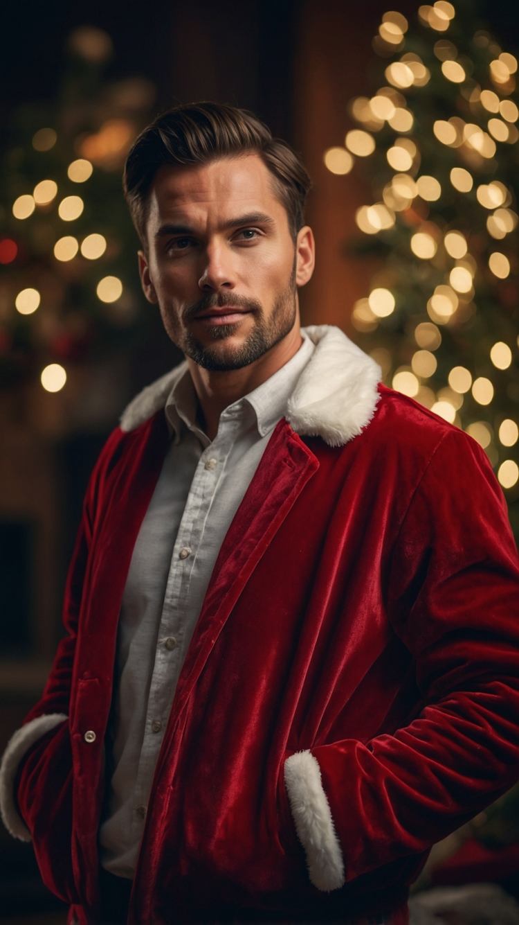 A handsome man in a red velvet jacket with a white fur collar, standing by a Christmas tree adorned with lights, with a strong jawline.