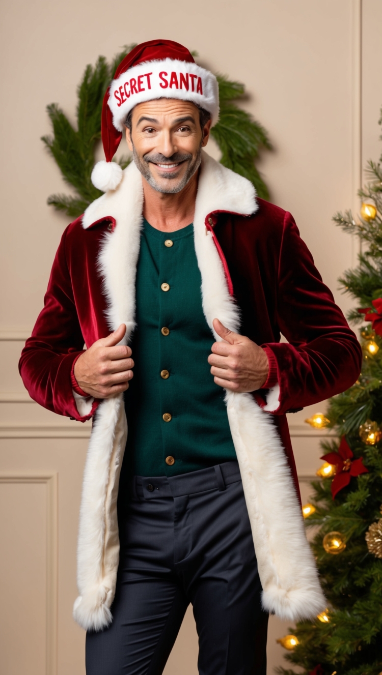 A charming man in an unbuttoned red velvet jacket with white fur trim, wearing a 'Secret Santa' hat, holiday wreaths, and golden lights behind.