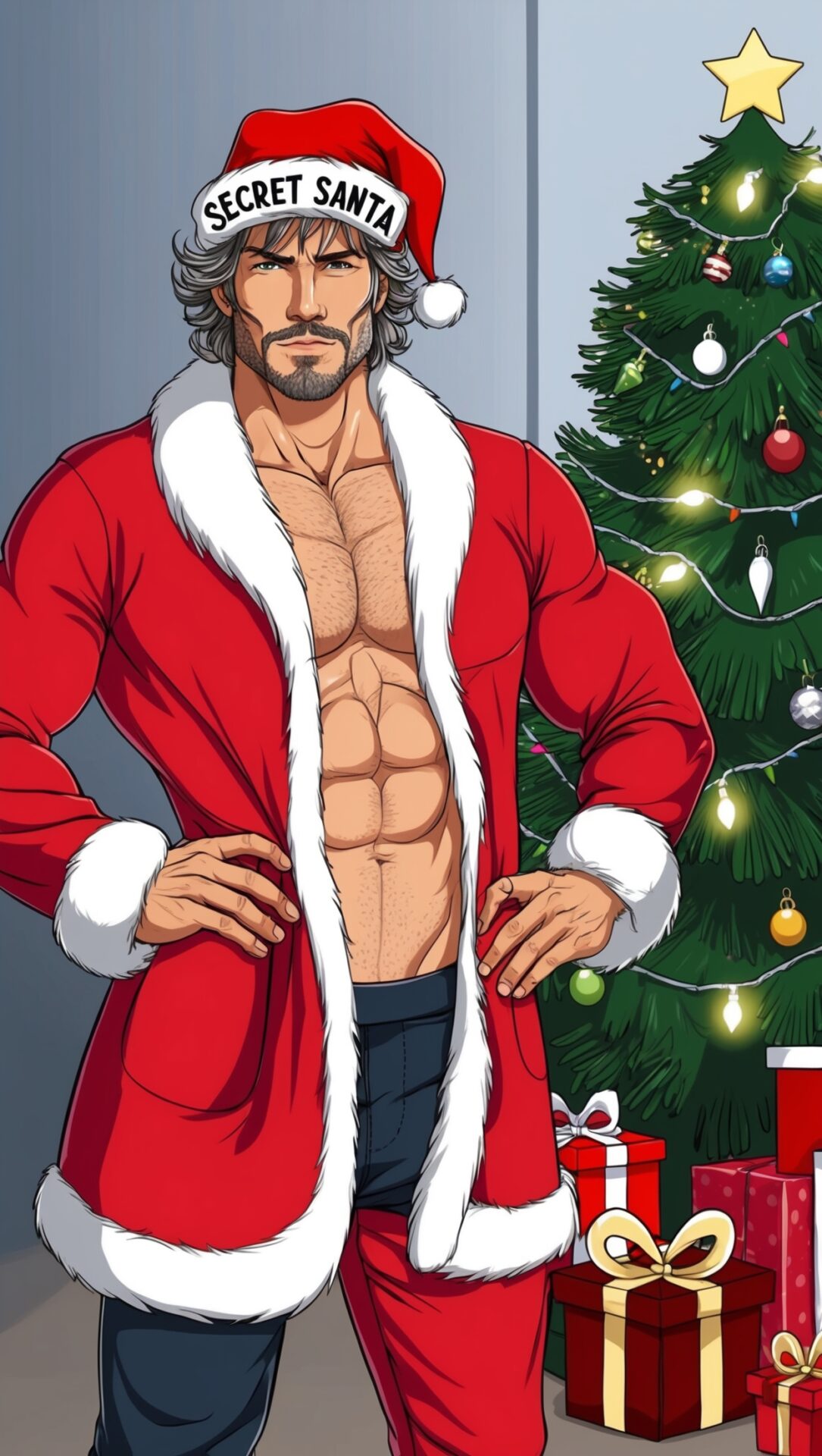 Illustration of a rugged, handsome man in a partially open red Santa coat, wearing a 'Secret Santa' hat near a lit Christmas tree with gifts.