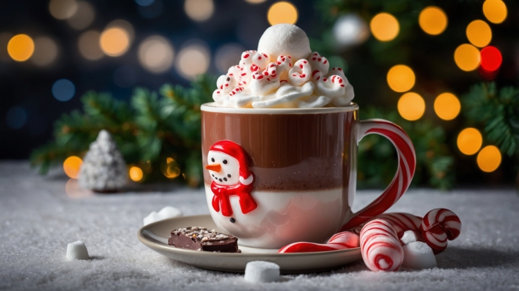 Hot chocolate topped with whipped cream and a candy cane in a snowman mug, with festive bokeh lights in the background.