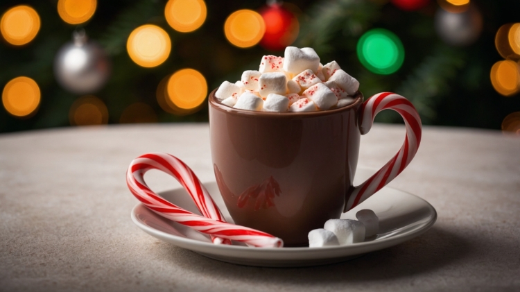 Cup of hot chocolate with marshmallows and a candy cane, Christmas tree in the background, blurred festive lights, close-up shot.