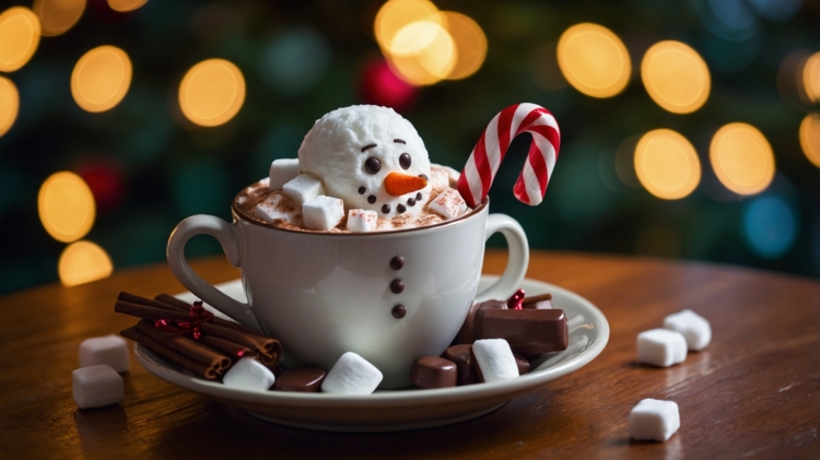 Cup of hot chocolate with marshmallows, candy cane, and a snowman-shaped marshmallow, Christmas tree lights in bokeh background.