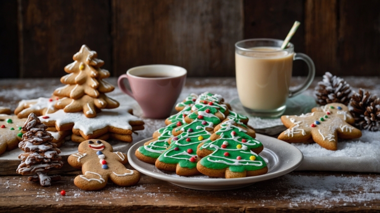 Festive holiday food featuring gingerbread men and Christmas tree cookies with a cup of hot cocoa on a table.