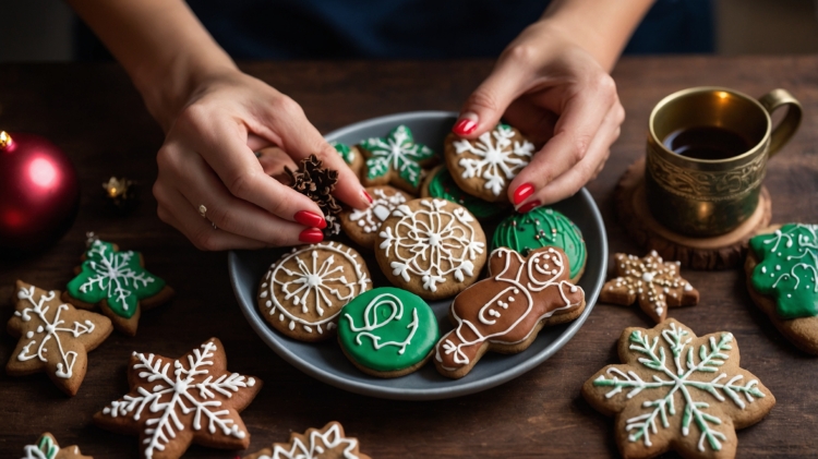 A woman’s hands place decorated gingerbread cookies with green icing and snowflakes on a plate, surrounded by Christmas treats and decorations.