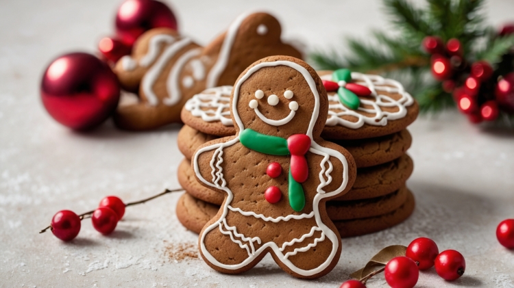 Gingerbread cookies with white icing and red holly berries on a light grey concrete table, surrounded by Christmas decorations and bokeh lights.