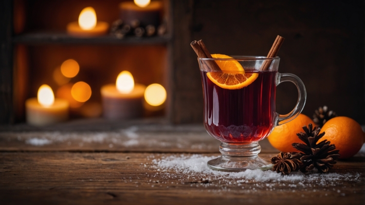 Mug of mulled wine on a wooden table by a fireplace, surrounded by candles and oranges, creating a warm and cozy winter atmosphere.