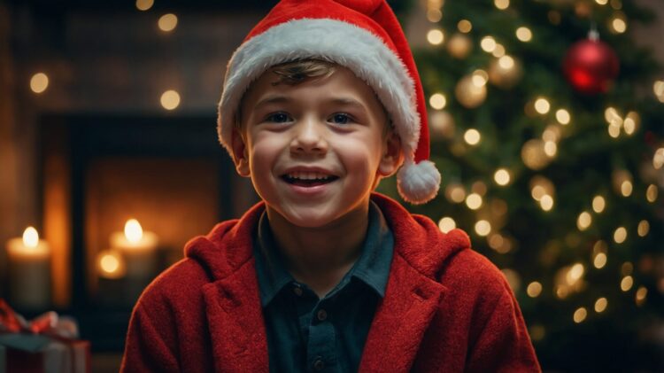 Happy boy in a Santa hat smiling at the camera with burning candles, a decorated New Year's tree, and warm home lighting in the background.