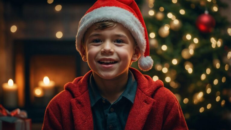Happy Boy in Santa Hat with Festive New Year's Tree