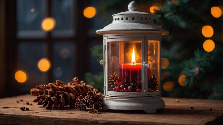 Decorated lantern with pine cones, holly berries, and a candle, creating a warm Christmas atmosphere with a softly blurred background.