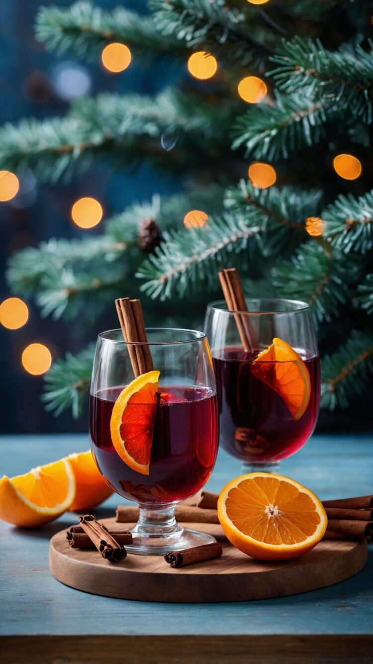 Two glasses of mulled wine on a wooden board with oranges and cinnamon sticks, a Christmas tree, blue backdrop, and bokeh lights in the background.