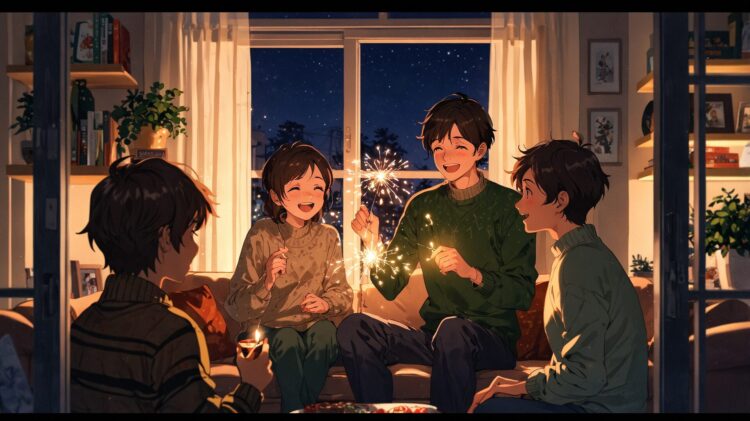 Anime-style illustration of four people sitting on a sofa, laughing and holding sparklers in a cozy living room with a night sky outside the window during winter.