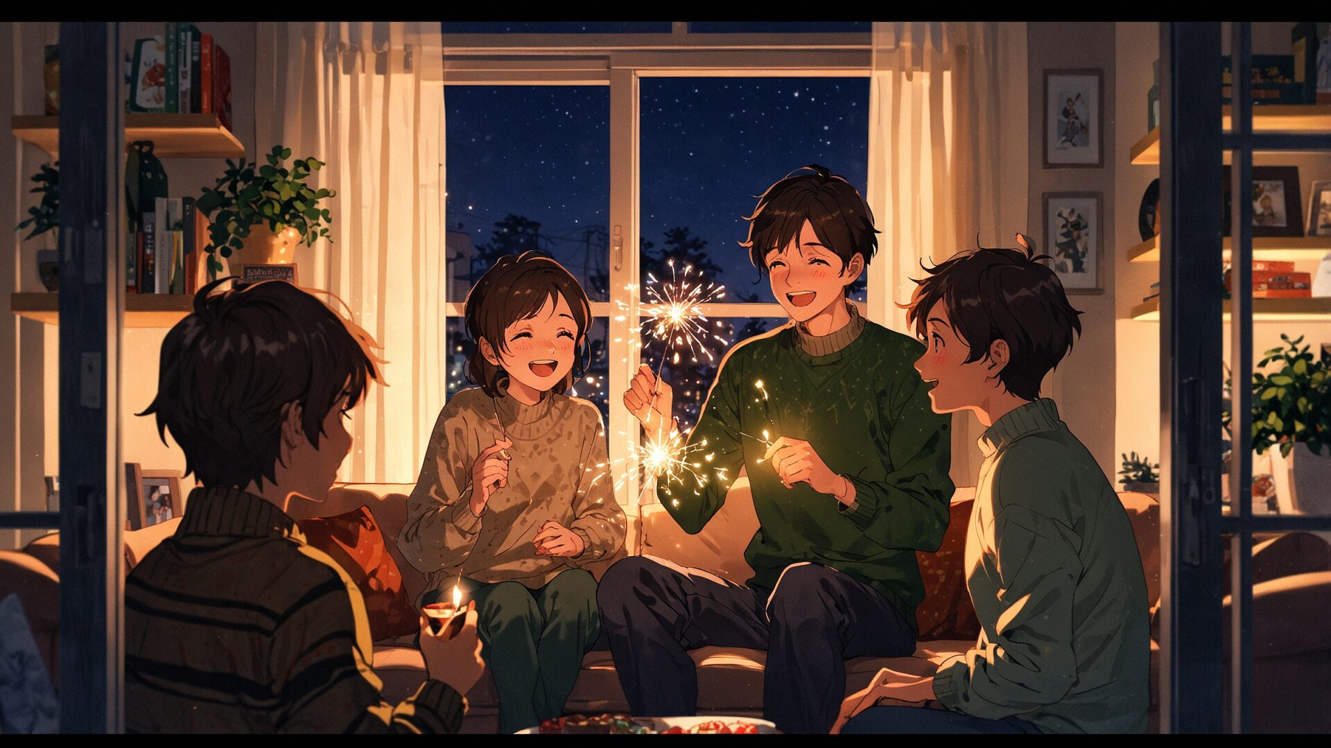 Anime Celebration: Friends with Sparklers on a Cozy Winter Night