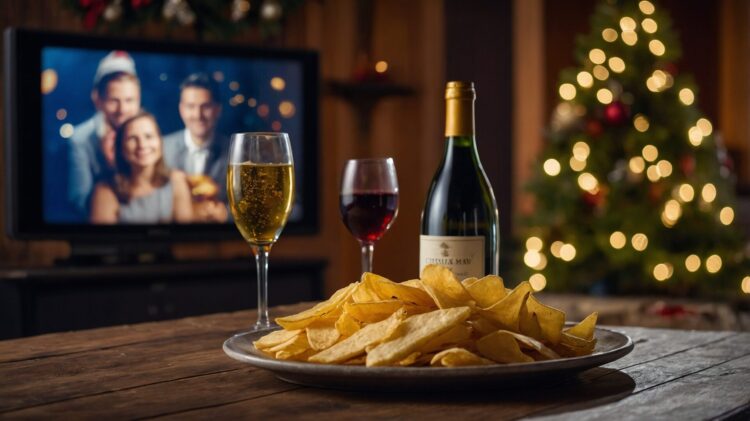 Plate of chips on a table with an open wine bottle and two glasses of wine, a TV displaying a family Christmas picture, and bokeh lights.