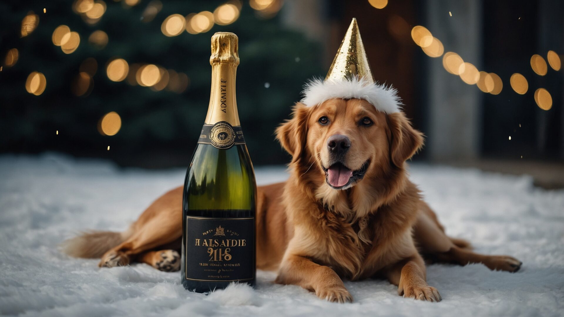 A golden retriever wearing a party hat stands next to a bottle of champagne, with a vibrant New Year's Eve scene in the background, capturing the festive atmosphere of the celebration.