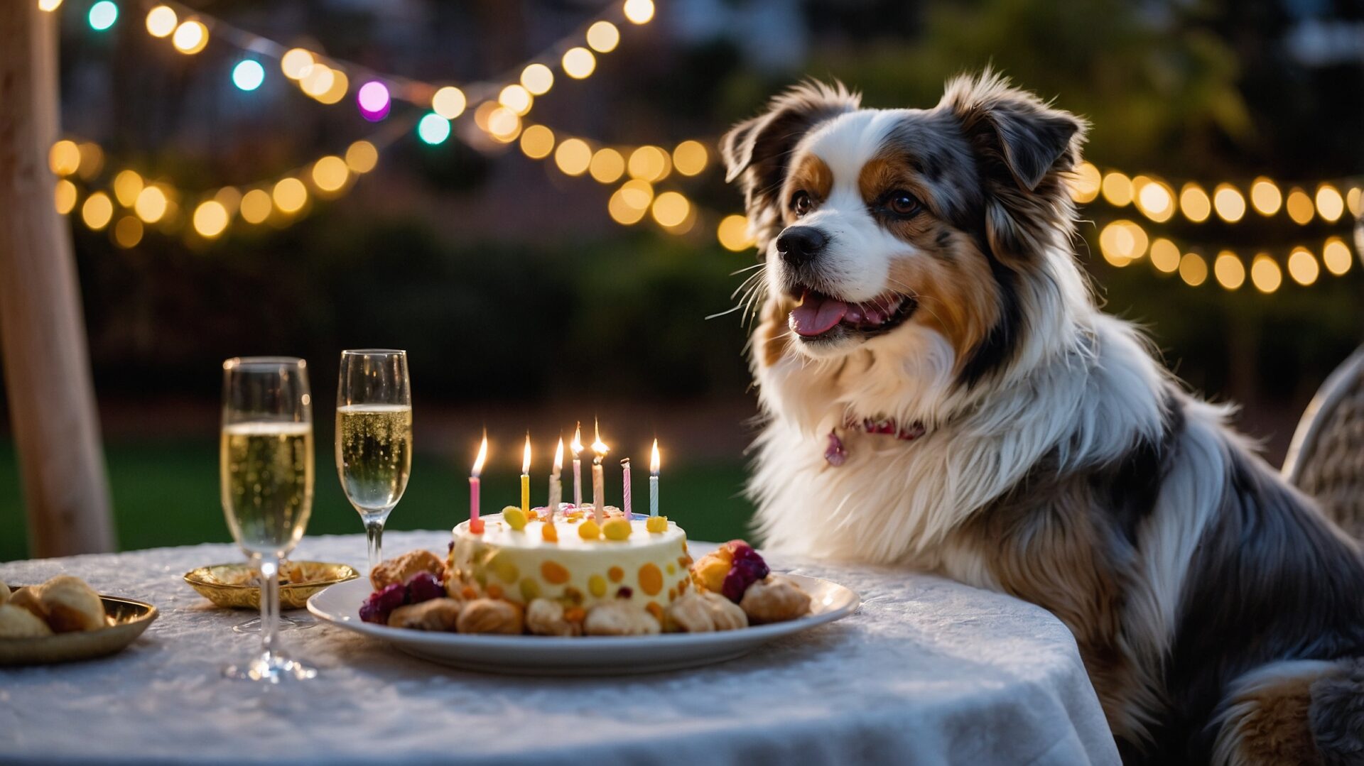 An Australian Shepherd sits at an outdoor table with birthday cake and candles, surrounded by festive decorations for the dog's special day. The lush garden or backyard is adorned in pastel colors and illuminated by string lights, with a glass of champagne adding to the celebratory atmosphere.