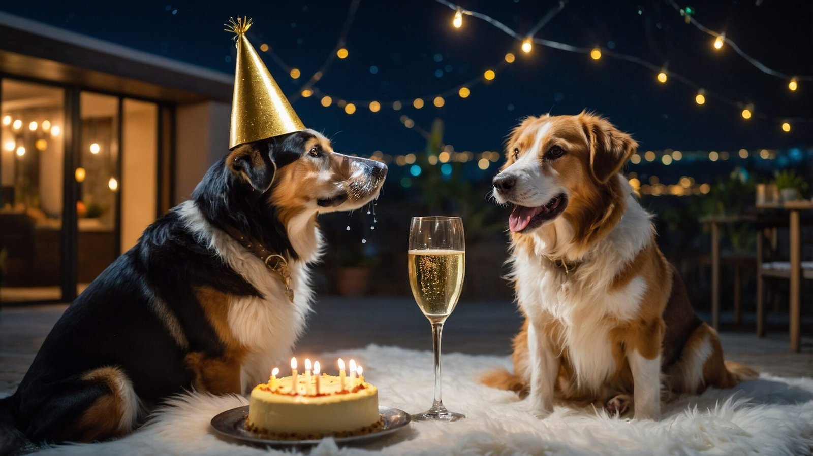 Two dogs celebrate their birthday on a terrace at night, with one wearing a gold party hat and the other adorned with birthday candles on its head. The scene features champagne, cake, and soft cinematic lighting in a professional photography style.