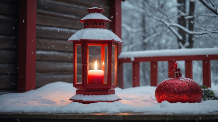 A red lantern with a candle and a Christmas ornament sits on a snowy wooden porch, creating a warm and festive atmosphere during winter.