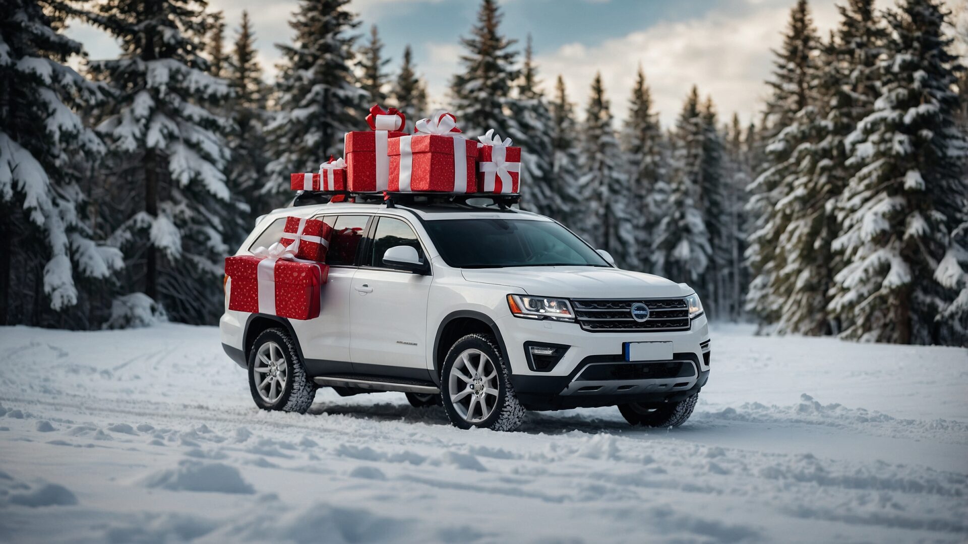 A white SUV with presents stacked on its roof is parked on a snow-covered road in a winter forest, creating a festive Christmas atmosphere in a commercial-style photo.