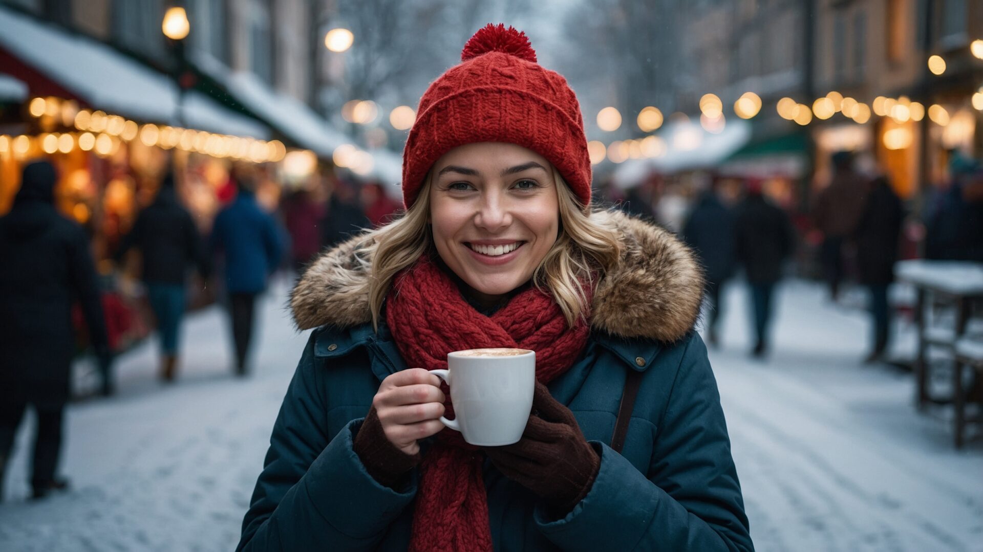 A beautiful blonde woman wearing a red hat and scarf smiles at the camera while holding a coffee cup on a snowy street with market stalls and people walking around, capturing a festive and cozy winter atmosphere.