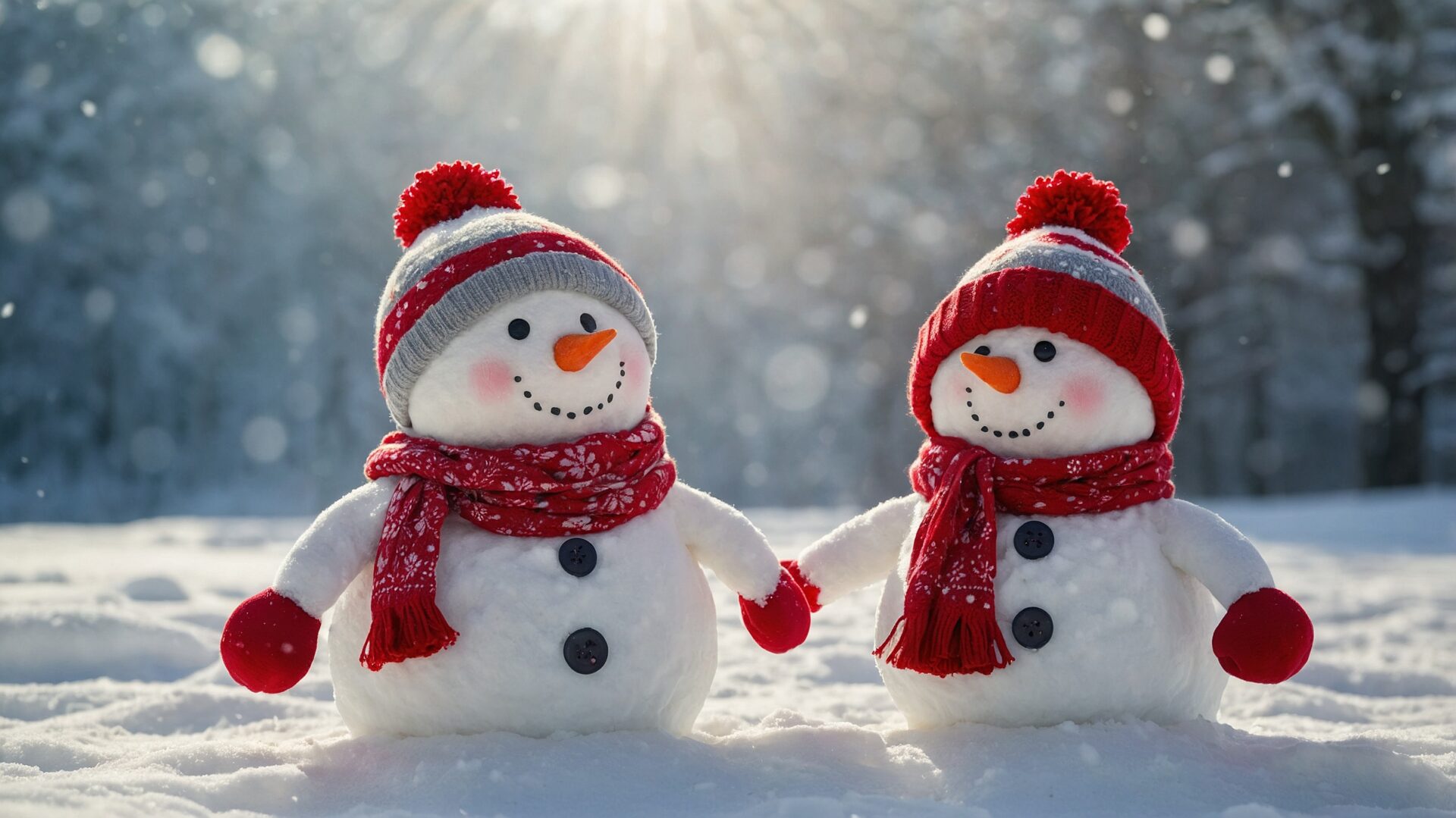 Two cute, smiling snowmen dressed in red and white winter attire stand hand in hand on a snowy ground. Behind them, a blurred background of trees is illuminated by sunlight breaking through the clouds, casting radiant beams across the scene.