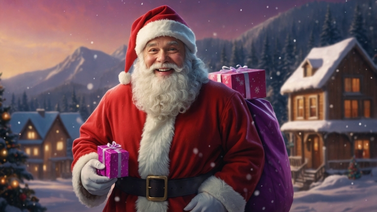 Santa Claus with Gifts and Winter Wonderland