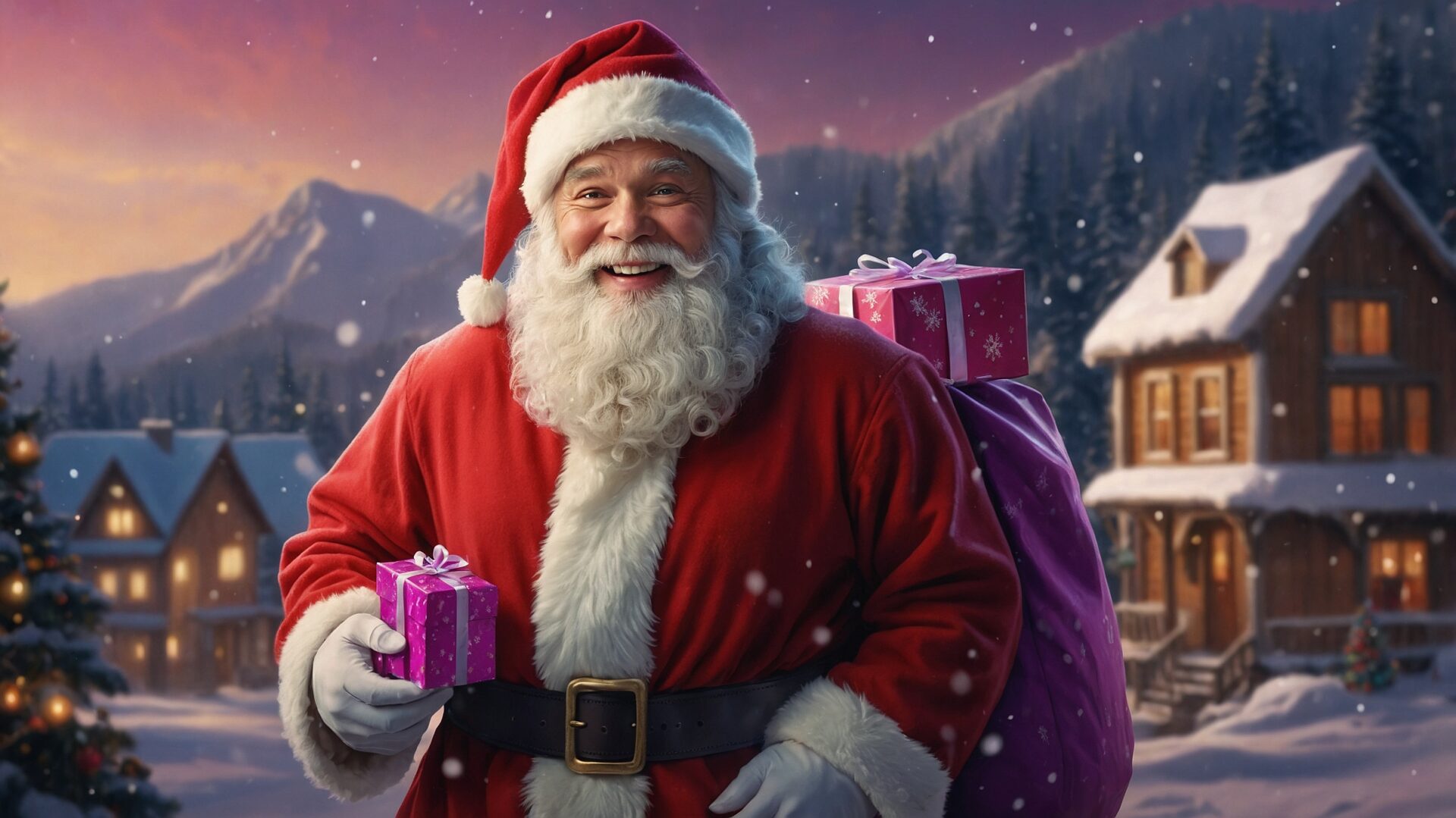 A smiling Santa Claus in a red suit with a white beard holds a pink gift box and a large bag full of gifts. In the background, a beautiful house, winter landscape, and mountains are lit by the warm glow of a sunset, with a Christmas tree visible on the right side, creating a festive and cinematic Christmas scene.