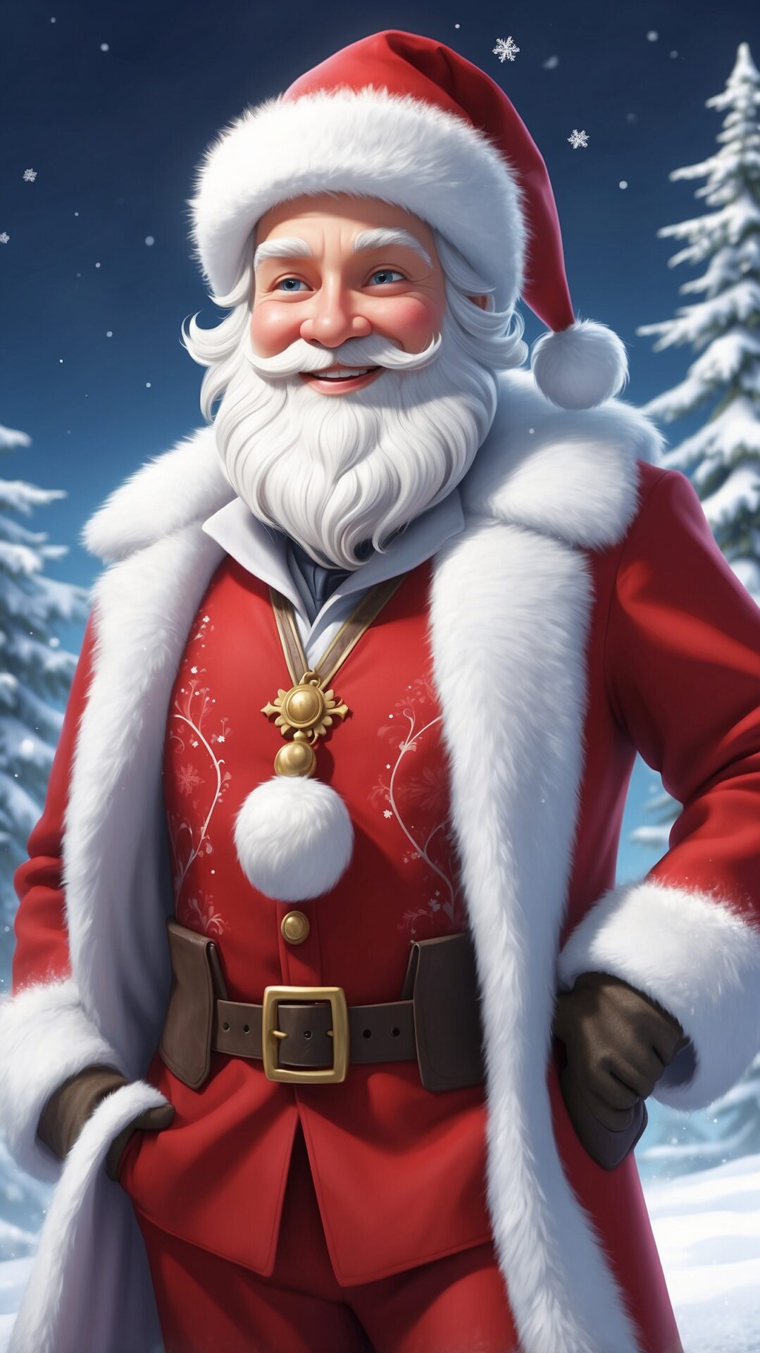 A stunning illustration of Santa Claus wearing his red suit, white fur coat, and gold necklace, standing with hands on hips and smiling at the viewer. The background features snowy pine trees, with vivid colors and high resolution, in the style of Fortnite graphics.