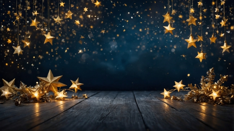 A dark blue background with golden stars hanging from the top left corner creates a magical and fantasy-like atmosphere. Below, wooden planks form the floor, and in front, a gold-decorated table for Christmas adds elegance. The scene is captured in high resolution and hyper-realistic detail by professional photographers.