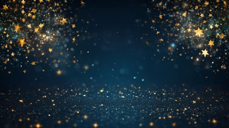 A dark blue background with golden stars falling, creating a magical and celebratory atmosphere with glitter particles. This abstract design is ideal for holiday events, festive activities, or as a digital banner for special occasions.