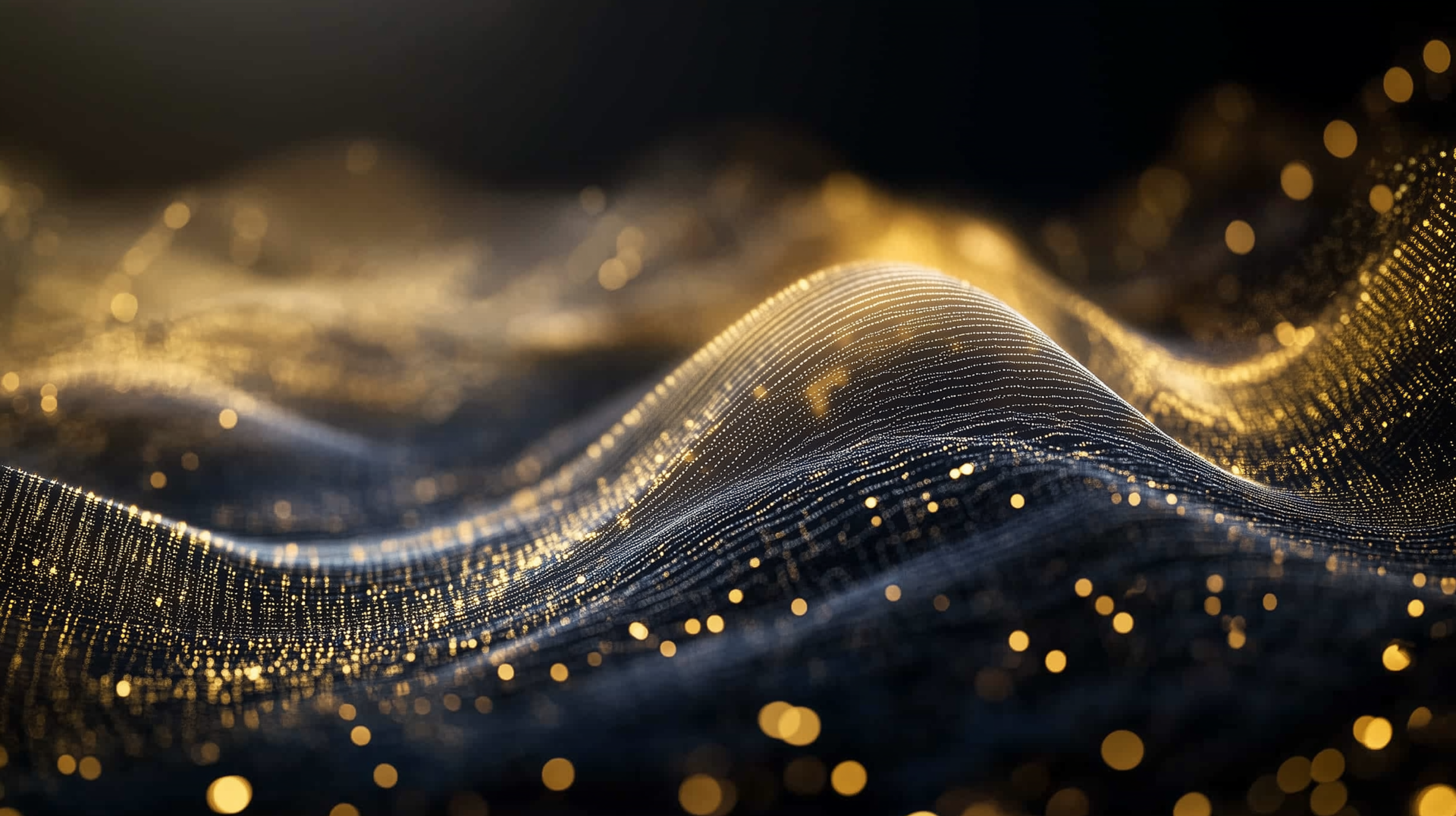 A symmetrical golden wave of data points set against a dark backdrop, enhanced by light particles and bokeh effects, evoking themes of technology, science fiction, and digital marketing in a sleek and futuristic composition.