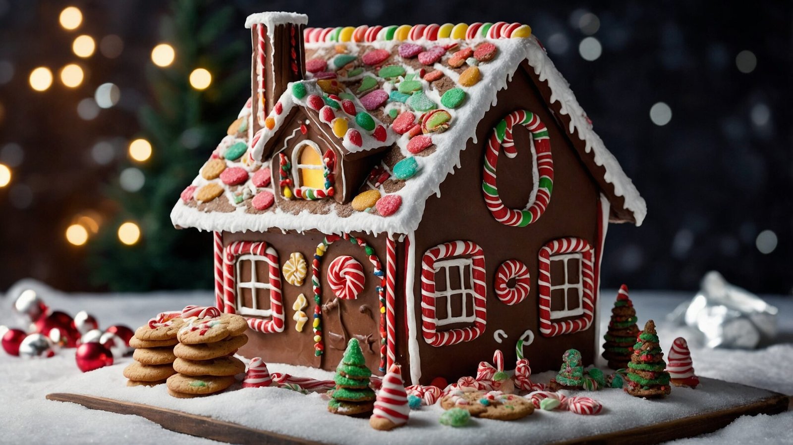 A beautifully decorated gingerbread house, adorned with colorful icing and candy canes, stands on a wooden board surrounded by cookies and festive decorations. Studio lighting highlights its intricate details against a dark background, evoking the holiday spirit.