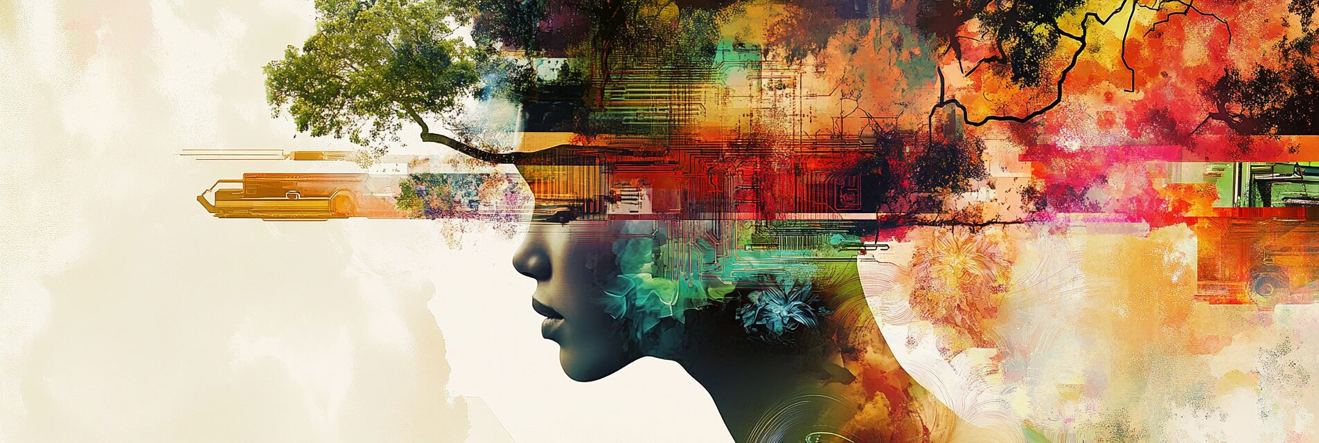 Colorful artistic side profile of a human face blended with abstract elements like trees, circuitry, and vivid splashes