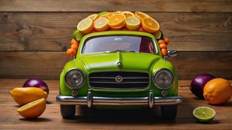 Free AI Image: Green retro car with oranges and lemons stacked on the roof, set against a wooden background.