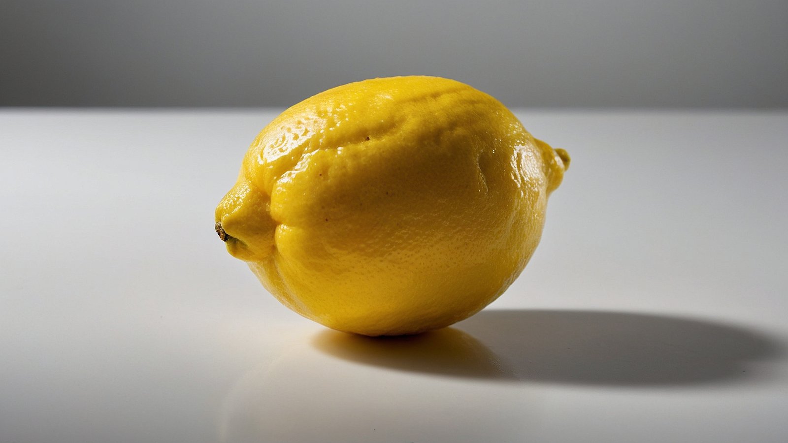 A lemon sitting upright on a white surface with a plain gray background, bright natural light highlighting its textured skin.