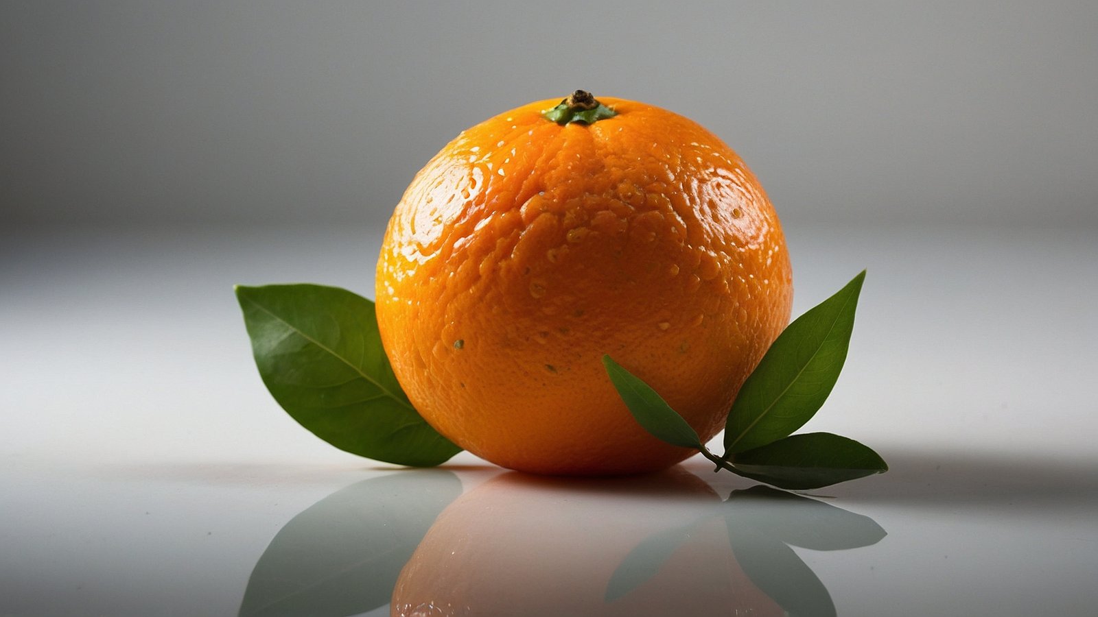 Product photography of a vibrant orange with green leaves against a clean white background, showcasing a glossy reflection on the surface for a high-quality, high-detail image.