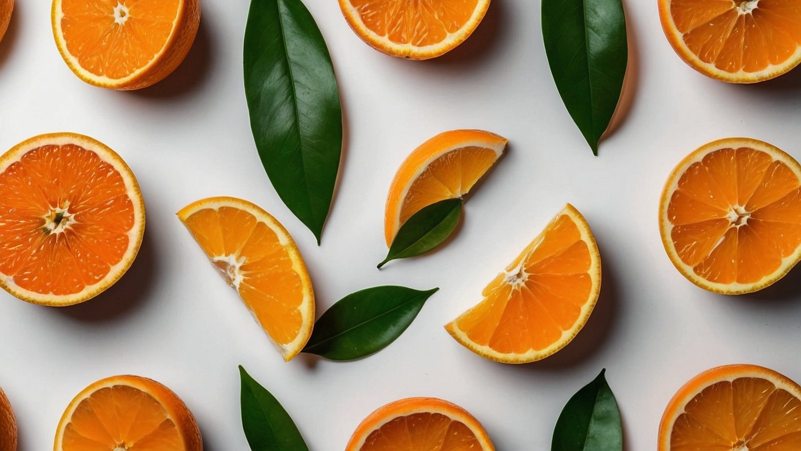 Flat lay of oranges and orange leaves on a white background, creating a vibrant top-down fruit pattern with orange slices.