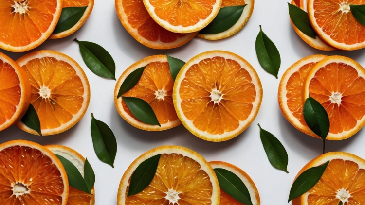 Slices of orange fruit with leaves on a white background, arranged in a flat lay pattern, viewed from the top down.