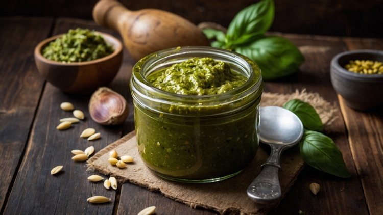 Pesto in a glass jar on a wooden background, made with basil, pine nuts, and other ingredients, showcasing Italian cuisine.