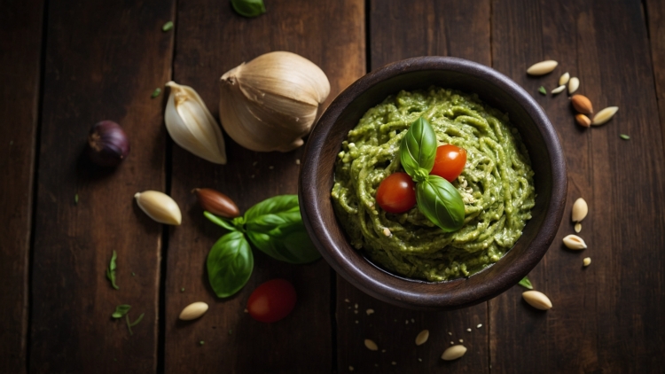 Rustic bowl of green pesto with basil, cherry tomatoes, pine nuts, and garlic on a dark wooden table, captured from above.