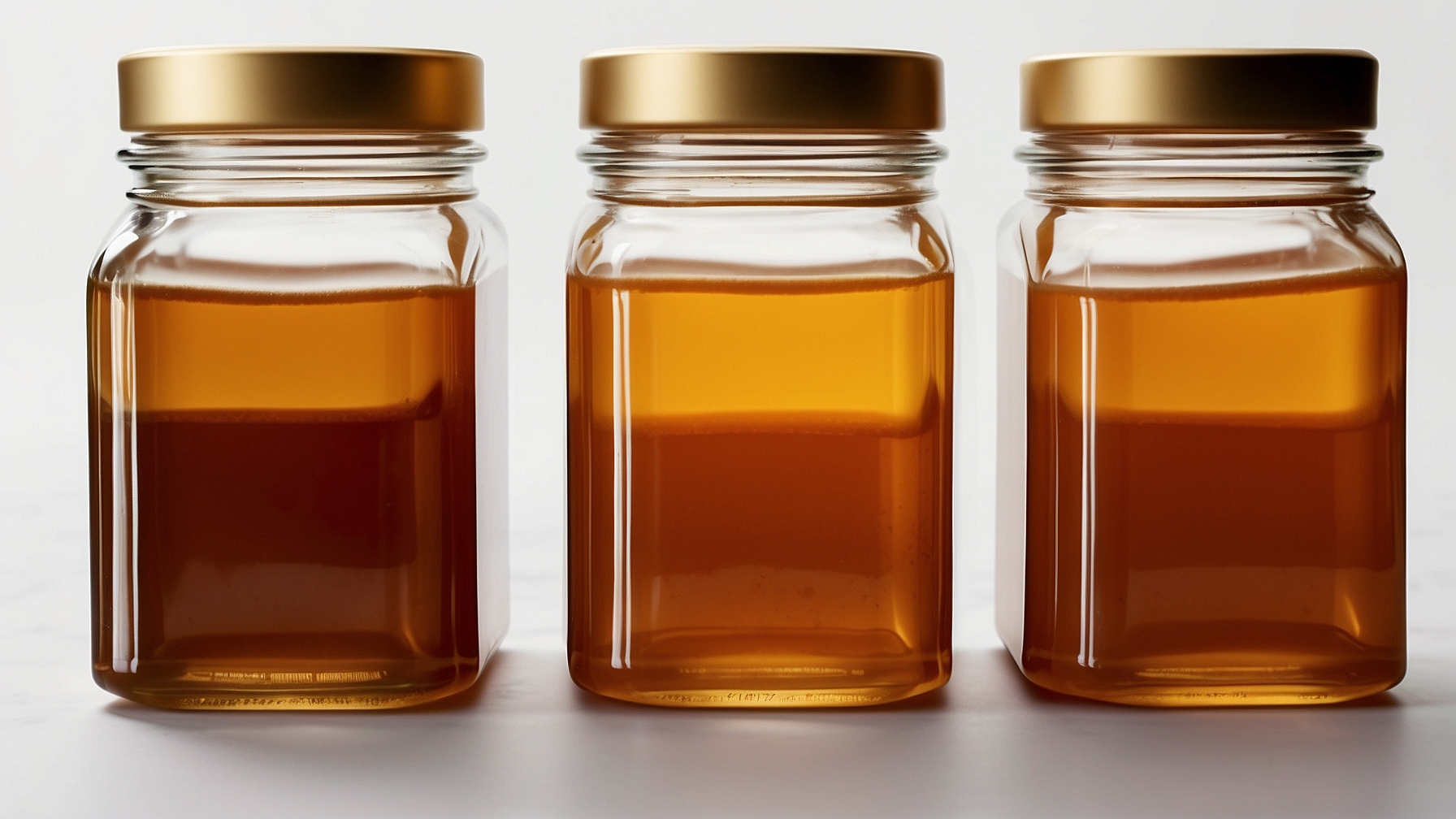 Three square glass honey jars with gold caps, filled with amber honey, arranged side by side on a white background.