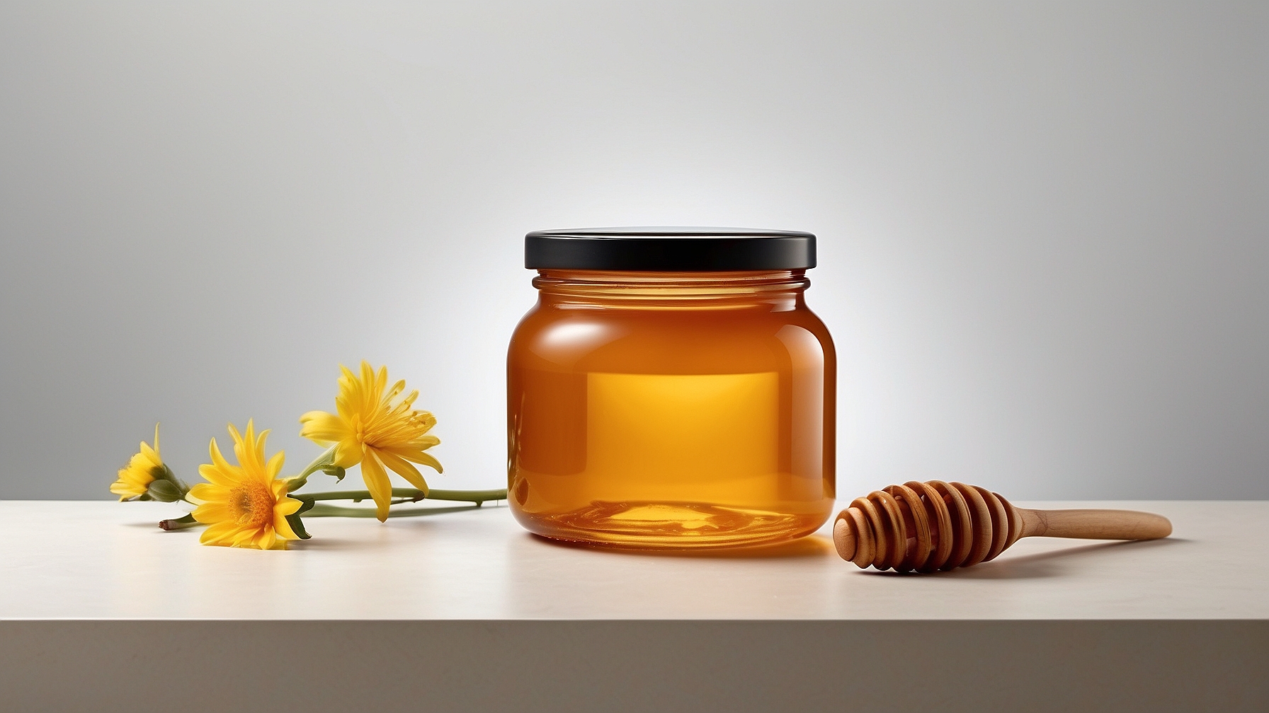 Honey jar with wooden dipper and yellow flower on a white table, side view against a gray background, photorealistic.